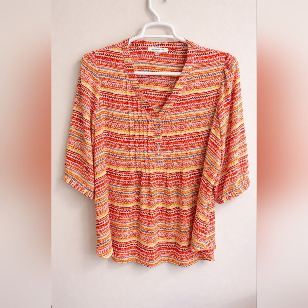 Rose & Olive 1X Red and Yellow Striped V-Neck Blouse